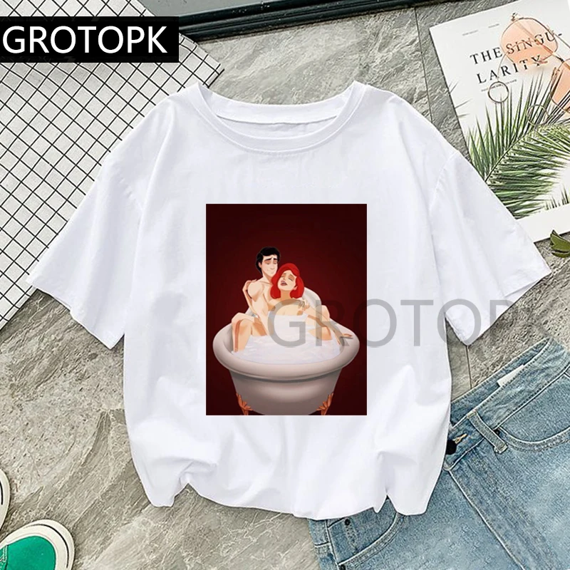Винтажная Футболка GROTOPK с рисунком Ариэль и Эрика, хлопковая Футболка с круглым вырезом и рисунком, повседневная женская футболка с коротким рукавом Harajuku, топы размера плюс