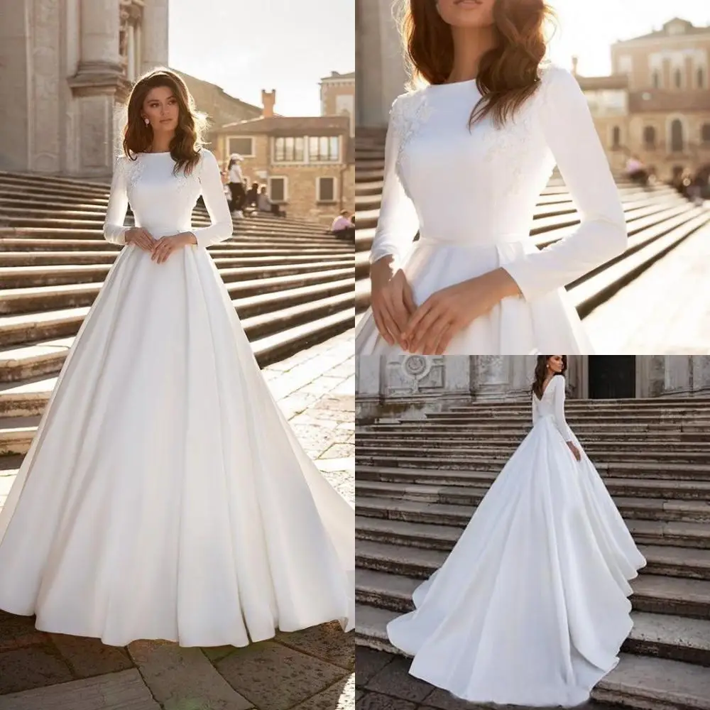 『Cheap!!!』- Vintage Beaded Satin Wedding Dresses Long Sleeves Open
Back robe de marie Bridal Gowns Bride Dress vestido de novia White Ivory