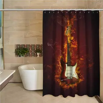 

Guitar 3D Printed Shower Curtain Electric Guitar in Flames Burning Fire Hardrock Musical Creativity Concept Hotel Quality