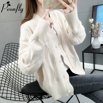 

PEONFLY Knitted Sweater Women Autumn 2020 Female Casual Long Sleeve Pearl Button Solid Cardigan Warm Sweaters Coat Femme