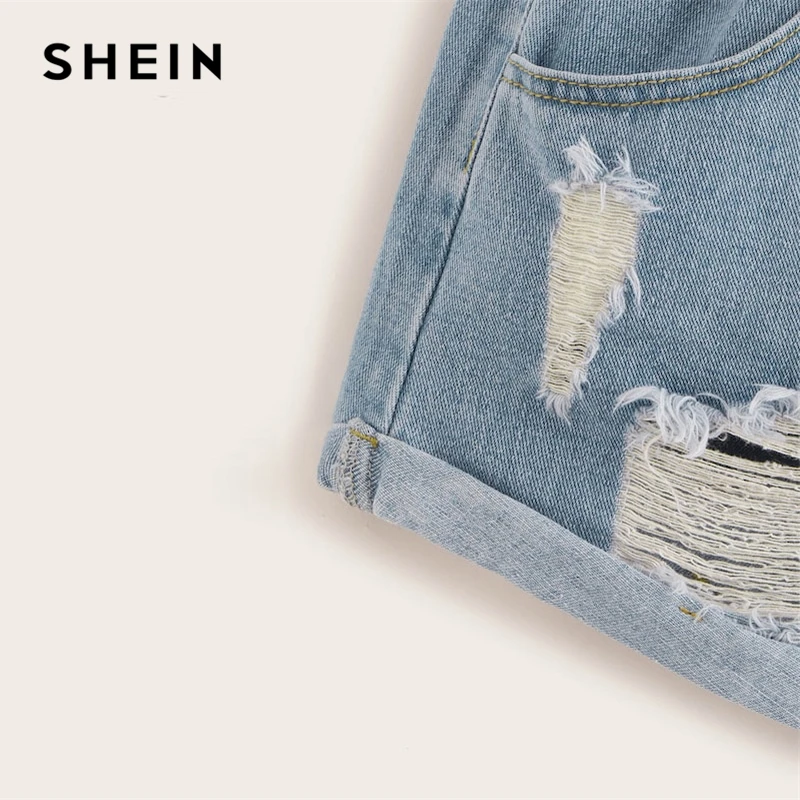 SHEIN плюс размер синяя бумажная лента-Мешок Талия рваные кромка джинсовые шорты женские летние кнопки летают с карманами и высокой посадкой повседневные шорты