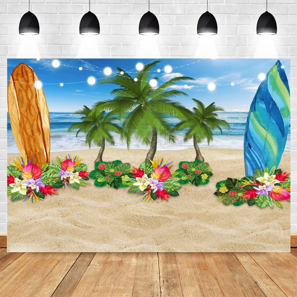 

Summer Beach Ocean Photography Backdrops Sky Seaside Surfboard Tropical Palm Tree Luau 1st Birthday Party Photoshoot Background