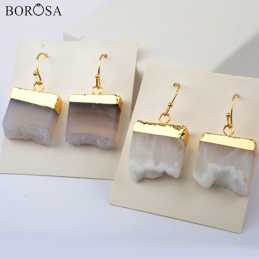 

BOROSA Natural Agates Square Dangle Earrings for Girls Gold Natural Geode Slice Drop Earring Women Trendy Jewelry Gifts G1966-E