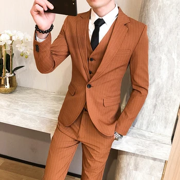 

2020 new striped small suit three-piece men's slim British style casual suit suit handsome business formal wedding dress