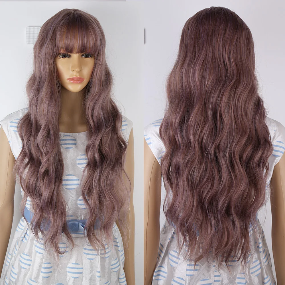 

Long Mix Purple Women Wigs With Bang None Lace Wig Synthetic Kinky Curly Pink Green Wigs for Women African American Cosplay