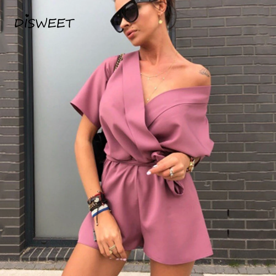 

Summer Simple Solid Color Belt Fashion Jumpsuit Girls V-Neck Slim Bodysuit Girls Off-The-Shoulder High Waist Large Size Jumpsuit