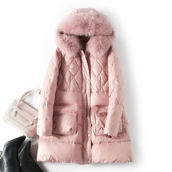 

Winter Women's Down Jacket Natural Fox Fur Hooded Pink Female Long Parka 90% White Duck Down Coat Mink Fur Jackets Loose Outwear