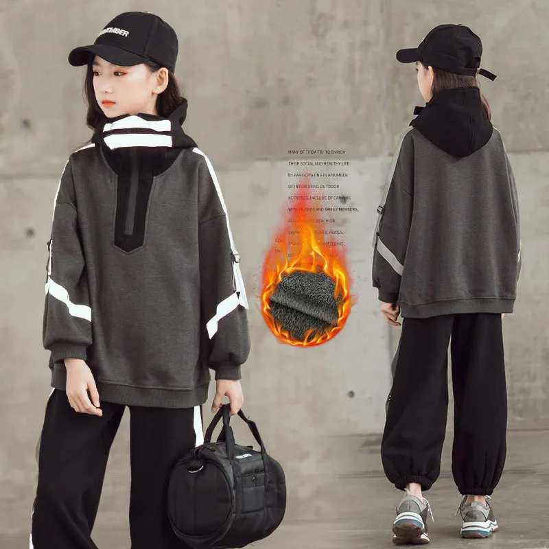 

Tracksuit Girls Sports Suit 2020 Winter Teen Children's Clothing Set Fleece Thicken Hoodie Pants Set for Girls Outfits 10 12 Y