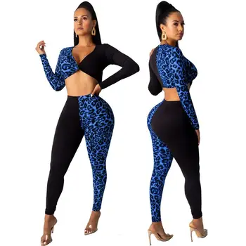 

Fall Leopard Print Patchwork Women Set Long Sleeve Crop Top Pencil Pants Suit Sexy Club Two Piece Set Sexy Tracksuit Outfit