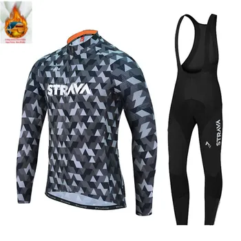 

2018 Pro STRAVA Winter thermal Fleece Cycling jersey set abbigliamento ciclismo invernale bicycle clothing MTB bike jersey