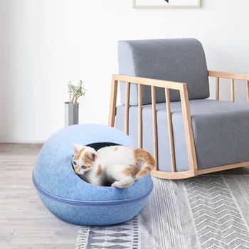 Detachable Cat Bed With Cushion Natural Felt Pet Cave Zipper Breathable Cat House Bed Cat Shelter Bed for Cats Pets Accessories 6