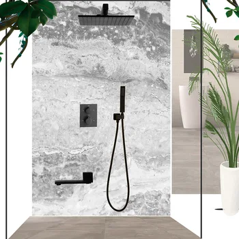 

Bathroom Thermostatic Shower Faucets Black Luxury Waterfall Shower Head Thermostatic 3 Ways Valve Bathroom Shower Faucet Sets