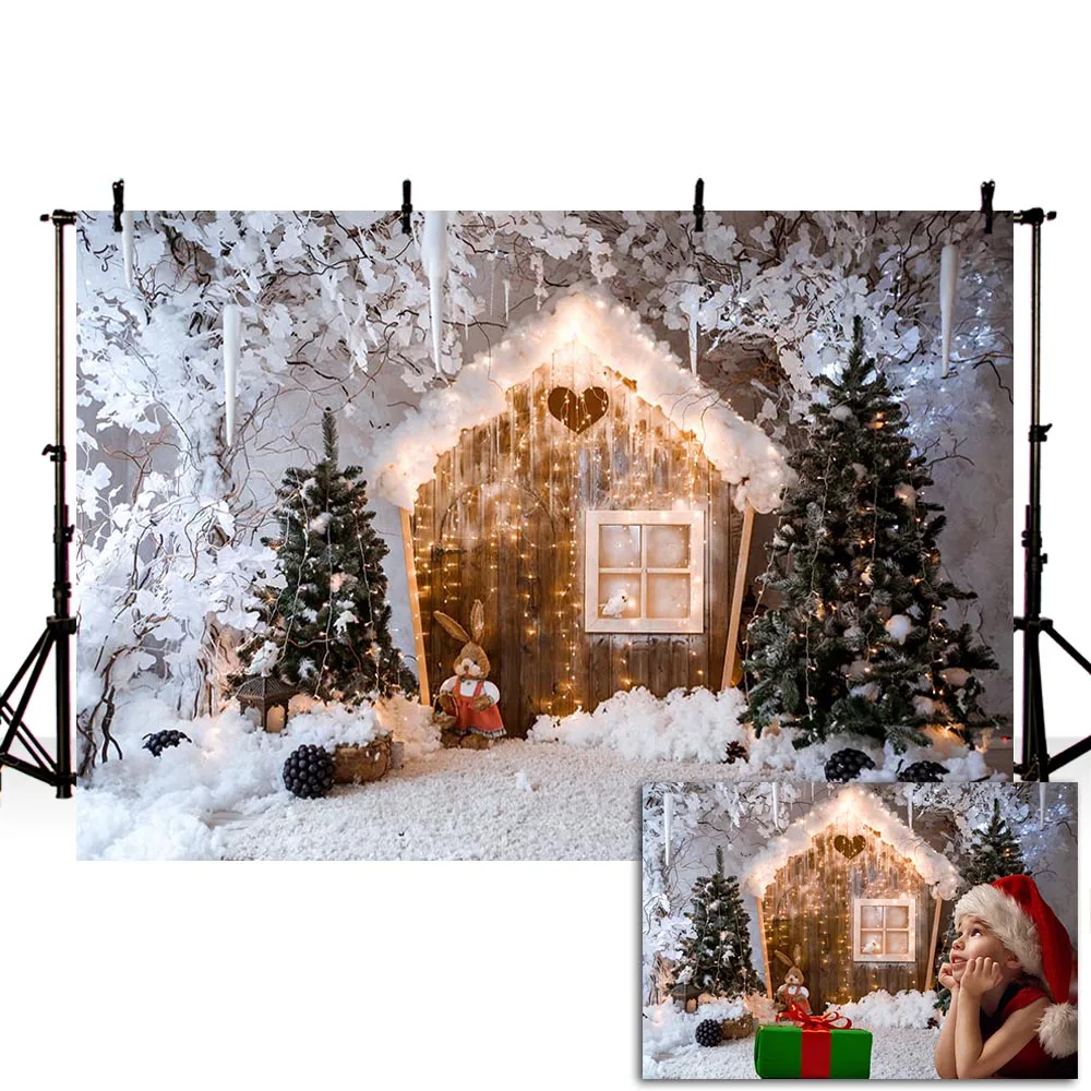 

Mehofond Christmas Backdrop Tree White Snow Wooden House Light Carpet Baby Portrait Photography Background for Photo Studio Prop