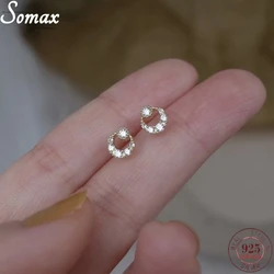925 Sterling Silver Plating 14K Gold Earrings Women Small Simple Temperament Zircon Moon All-match Round Earrings Jewelry Gift