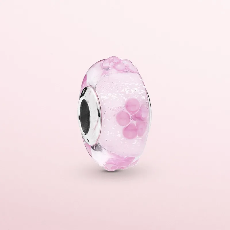 

100% 925 Sterling Silver 1:1 Pink Flower Glass Charm Charm Fit DIY Europe Women Bracelet Jewelry