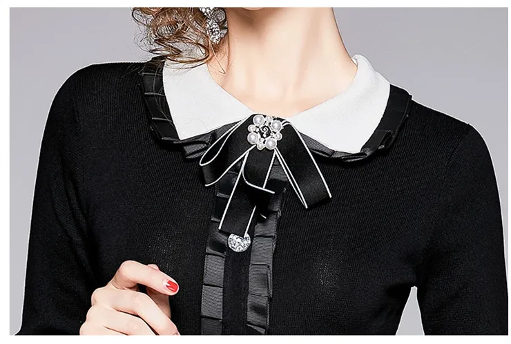 Autumn Winter Foral Embroidery Pocket Weave Knit Dress Women Long Sleeve Slim Elegant Peter Pan Collar Beading Bow Dress