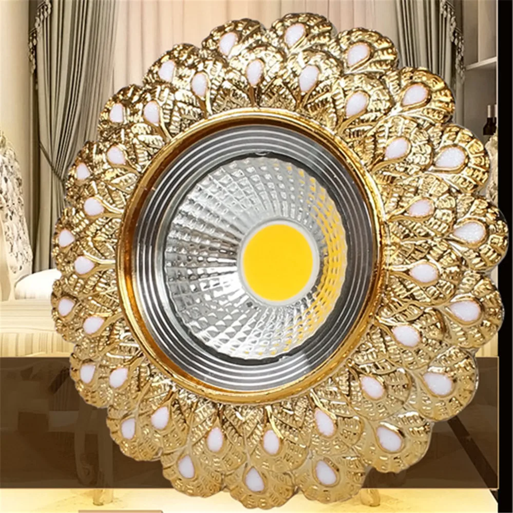 유럽 럭셔리 골드 수지 공작 깃털 임베디드 다운 라이트, 3W 5W 110V 220V 오픈 홀 6Cm 복도 Led 램프 로비 아트 스포트라이트