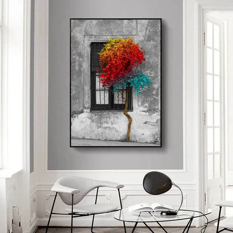 Arbre de peinture sur toile, Vert, noir, violet