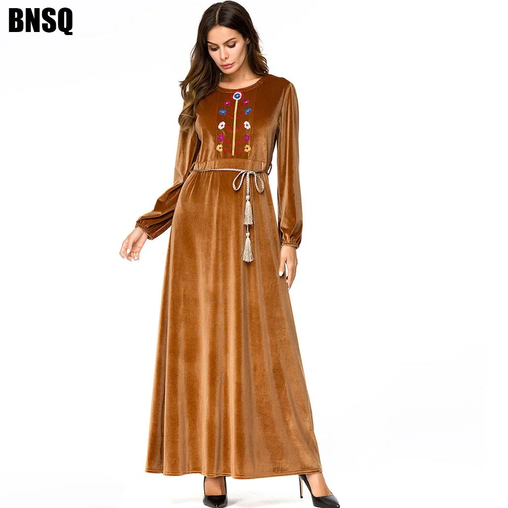 BNSQ зимнее вельветовое платье с вышивкой в виде дерева, Недорогое Платье Caftan абайя, кафтан, арабские Vestidos, макси-пакистанские платья