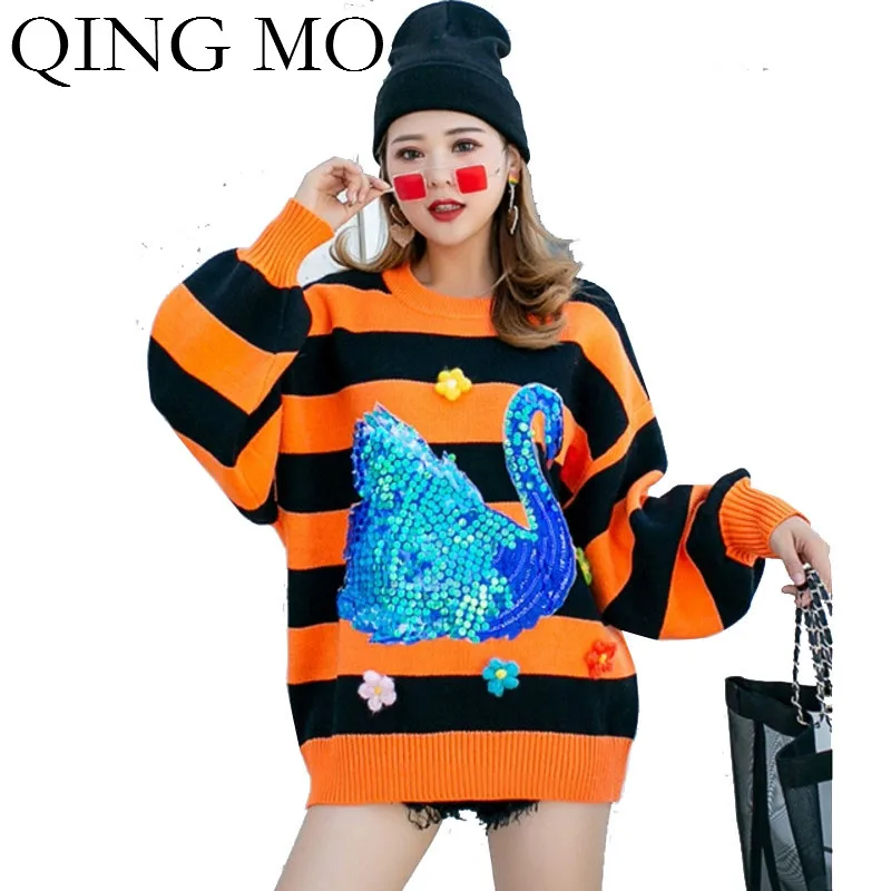 QING MO Yellow Orange Women Striped Sweater 2020 Crane With Sequin Female Round Neck Knitted ZQY4956 | Женская одежда