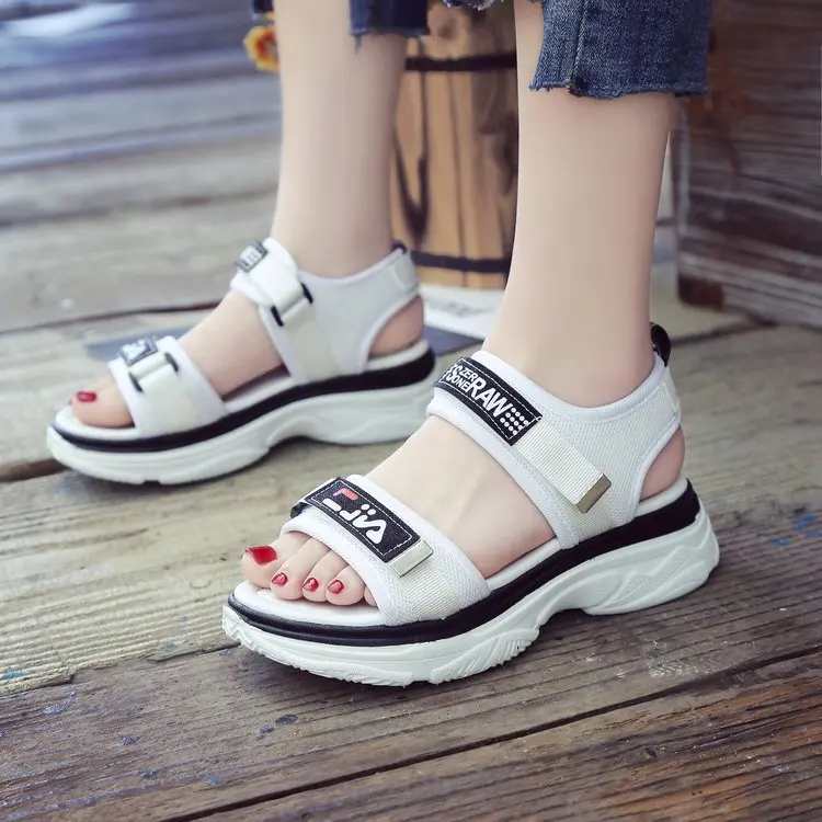 

2019 New Style Sandals Women's Korean-style Versatile Casual Student Platform Slanted Heel Velcro Thick Bottomed Sandals Women's