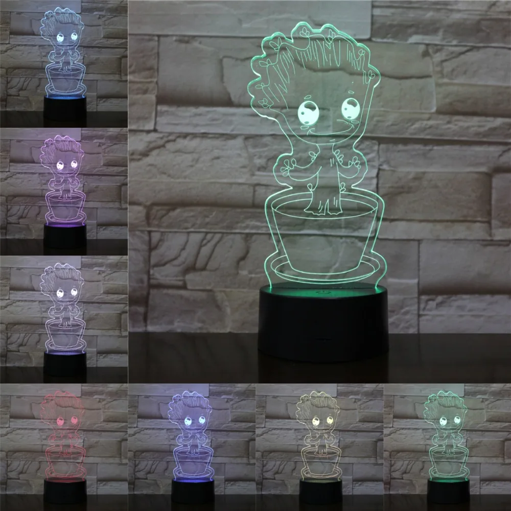 Мультфильм Groot 3D Светодиодная лампа USB лампа 7 цветов ночник для дома спальня настольная Современная креативная лампа акриловая пластина сенсорная дистанционная база