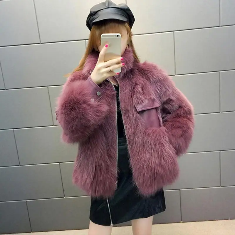 Women Autumn Winter Real Natural Fox Fur Short Coat Female Fashion Long Sleeve Jacket Casual Warm Genuine Fur overcoat T266