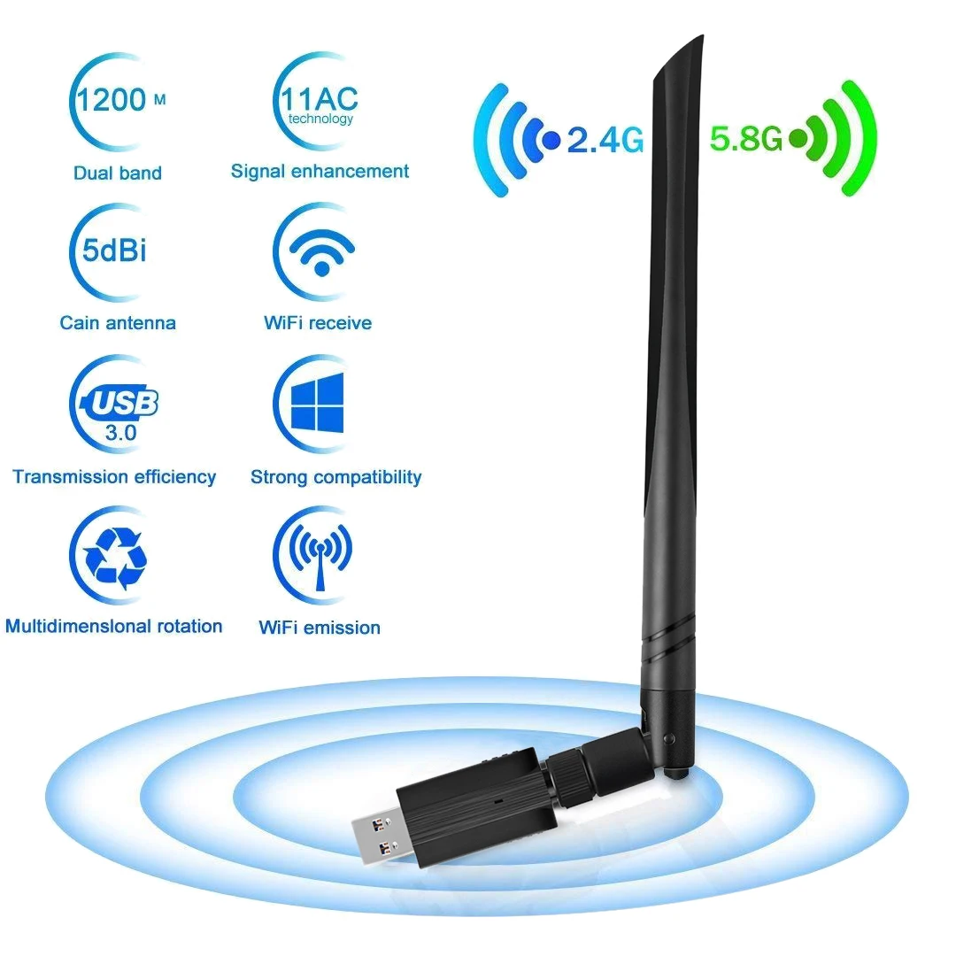 

USB 3.0 1200Mbps Dual-band WLAN Card WiFi Receiver 5G/2.4G 5dBi Dual Band Antenna WIFI Key USB Adapter