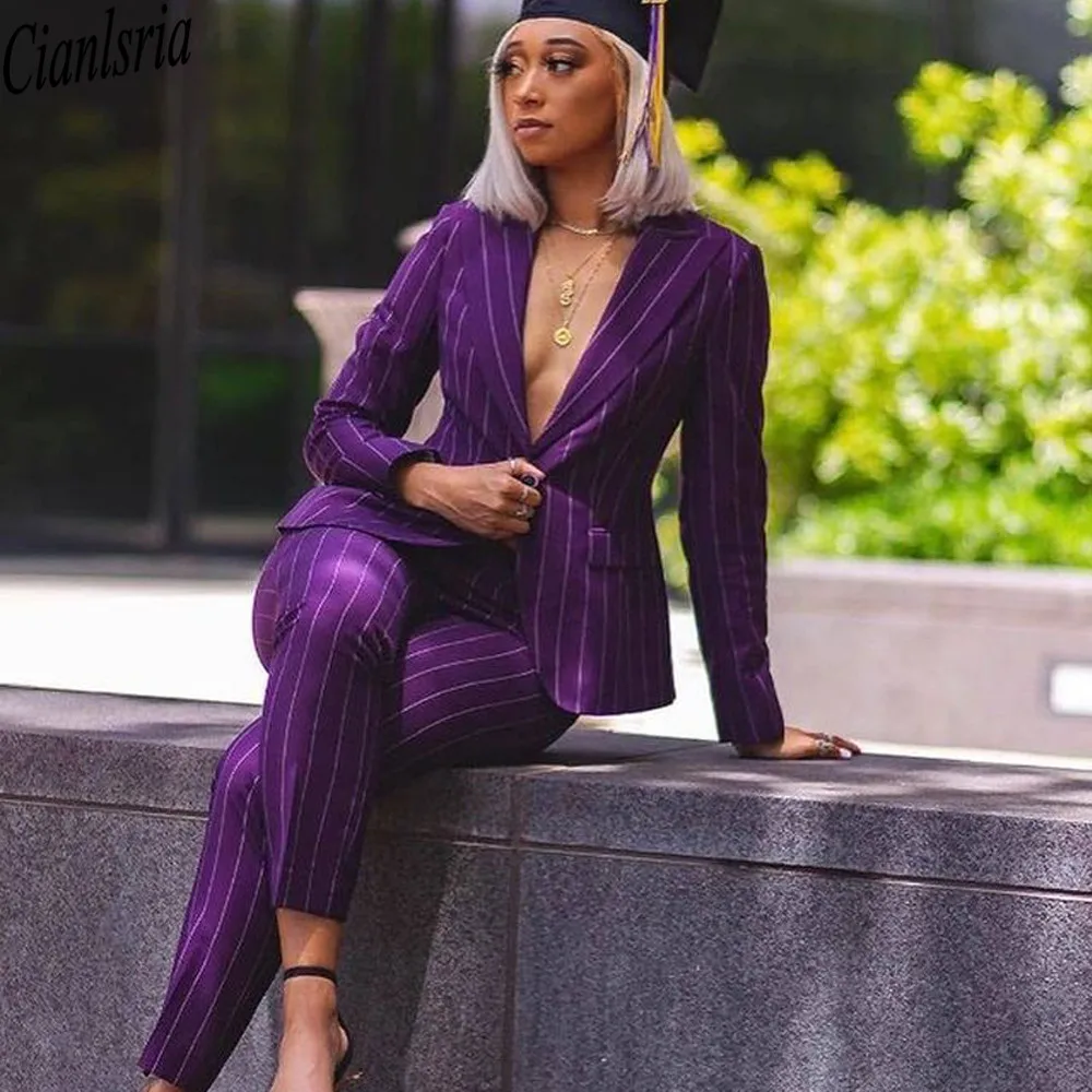 Purple Stripe Women Pants Suits 