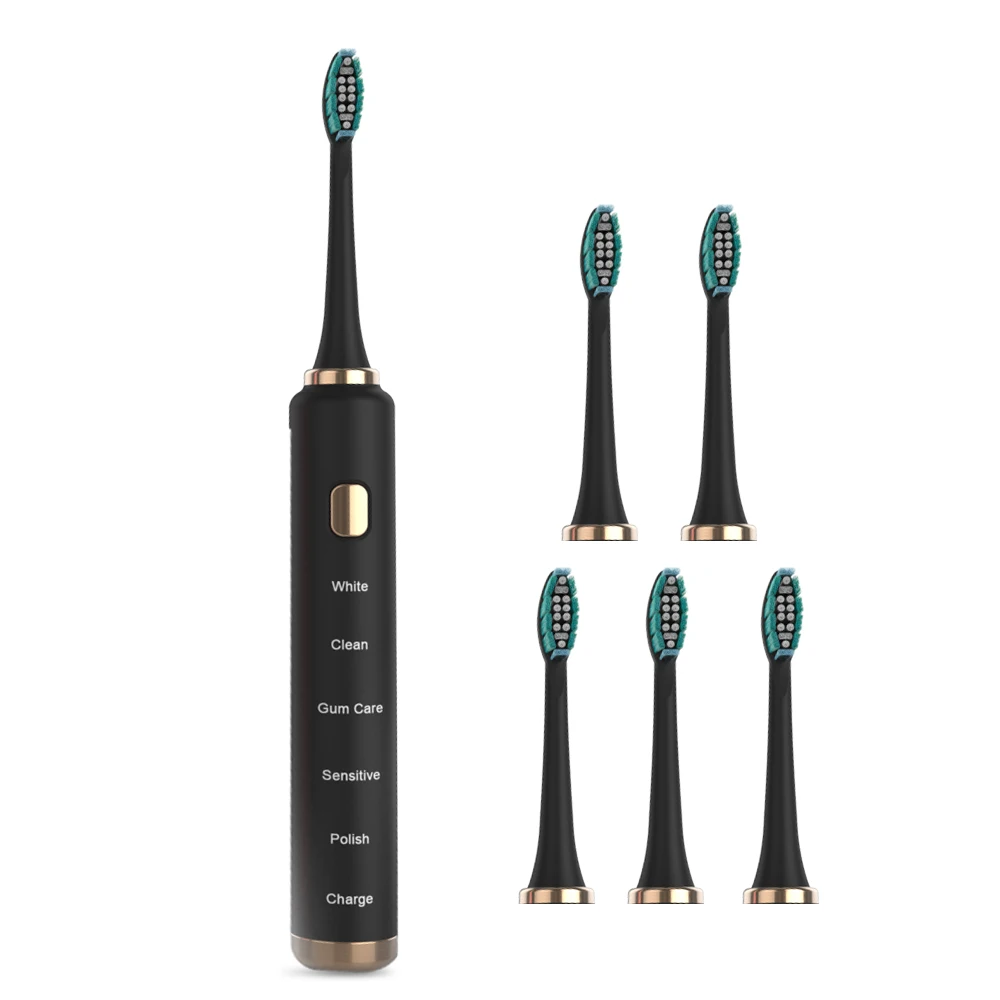 Здесь Мега Соник электрическая зубная щетка Смарт для взрослых ультра звуковая зубная щетка сменные головки USB перезаряжаемая отбеливающая водонепроницаемая - Цвет: 602 Black 6heads