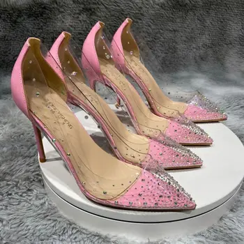

2020 autumn new pink transparent sexy shallow mouth stiletto single shoes 10cm women's shoes