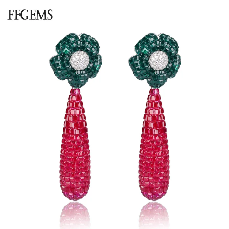 

FFGems New Design 925 Silver drop big Earring Created Nano ruby Emerald Fine Jewelry For Women Engagement Wedding Party Gift Box
