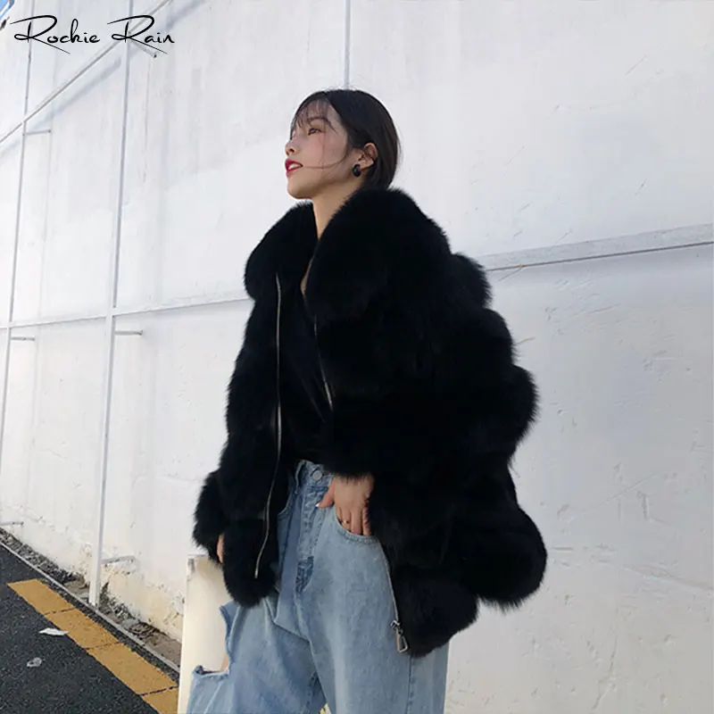 Женское пальто из натурального Лисьего меха женская куртка из натуральной кожи осенне-зимнее теплое с длинными рукавами пальто - Цвет: Черный