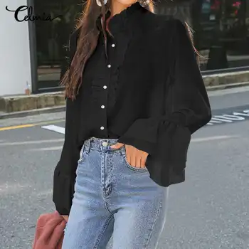 

Women Fashion Solid Ruffles Blouses Celmia Casual Long Flare Sleeve Loose Shirt Elegant OL Tops Ladies Chiffon Blusas Plus Size
