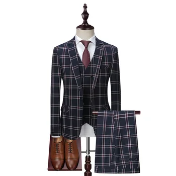 

British Plaid 3 Piece Men Suits Slim Fit Business Suits Mens Dress Suit 2020 Formal Wear Blazer Vest Pants