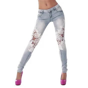

Women's Skinny Ripped Sexy Lace Panel Jeans New Fashion Women Pocket Zipper Pants Hips Denim Biker Jeans Female Pencil Pants#B