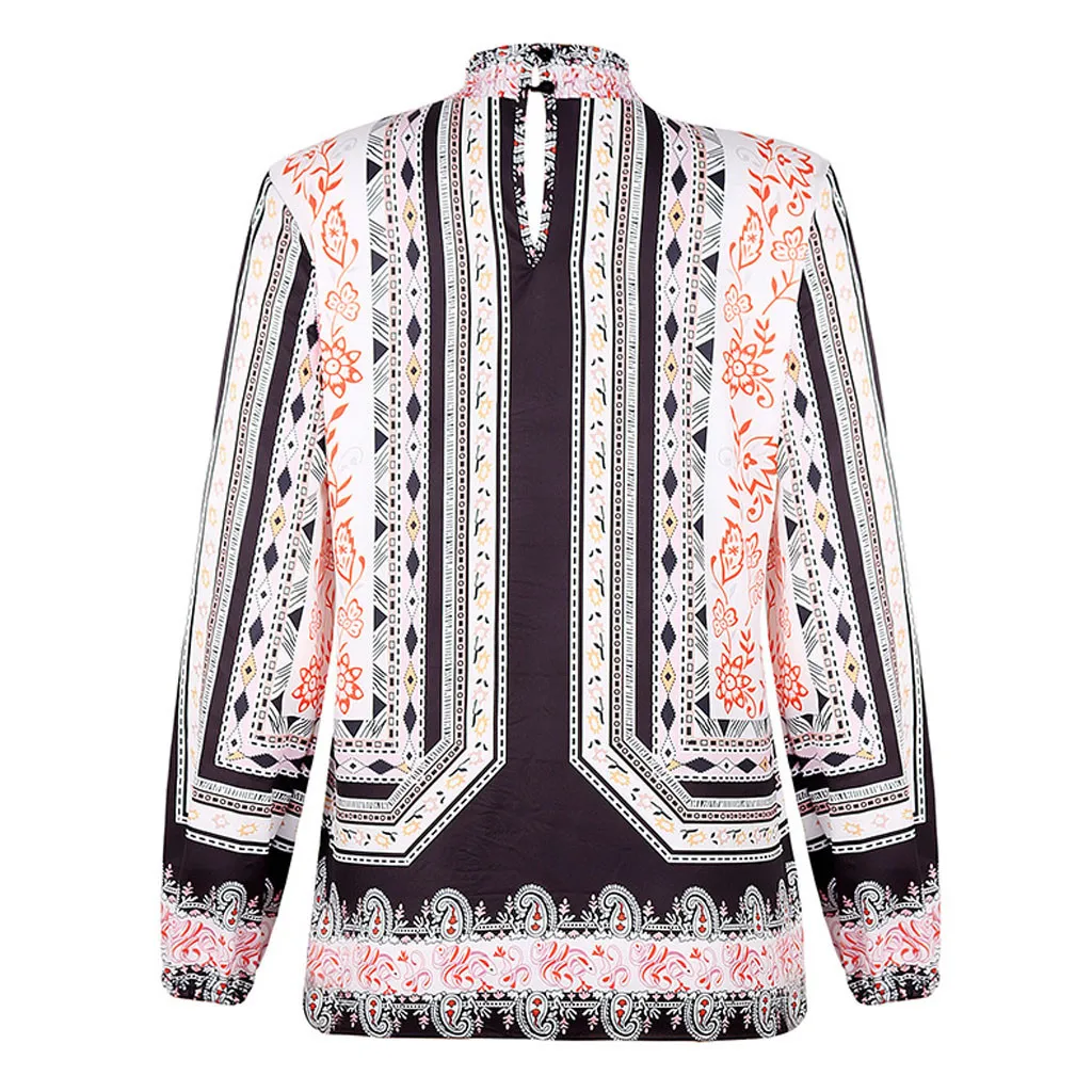 Женская одежда boho, блузки, Зимняя мода, длинный рукав, с принтом, рукав-фонарик, рубашка с вертикальной одеждой, blusas femininas