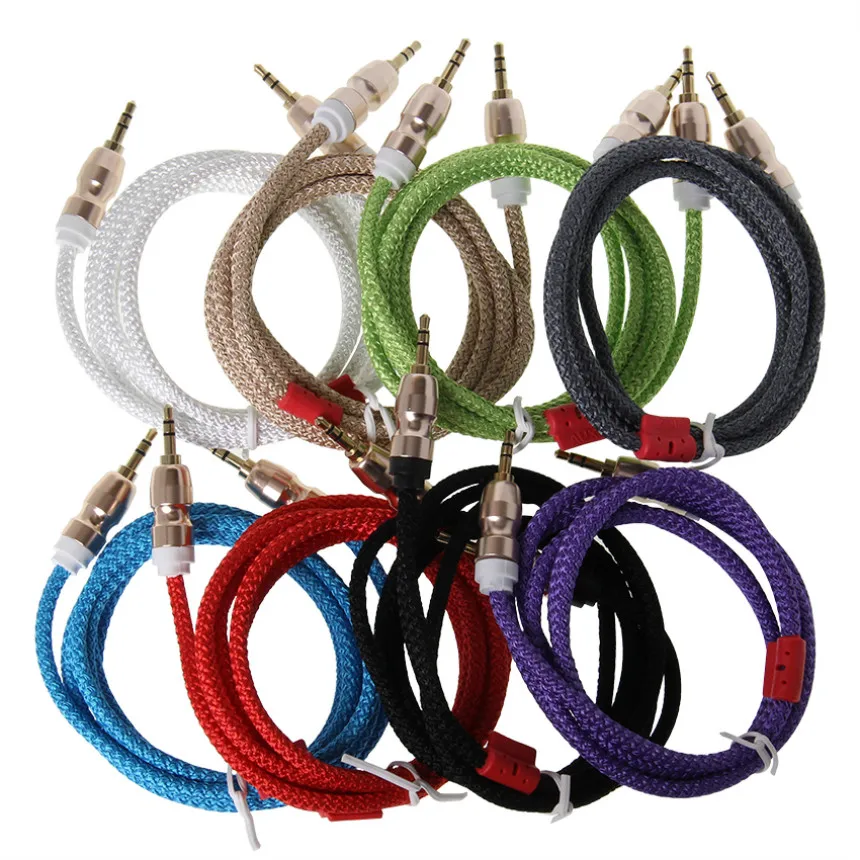 1 5M Nylon Jack Aux Audio Cable Male to Male Kabel Gold Plug Car Cord for iPhone Samsung Xiaomi For Speaker Headphone 100pcs