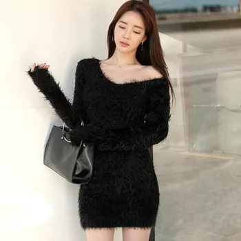 

Winter Solid Mini Bodycon Sweater Women Costumes Sheath Sexy Brief Long Sleeved Knitting Dress