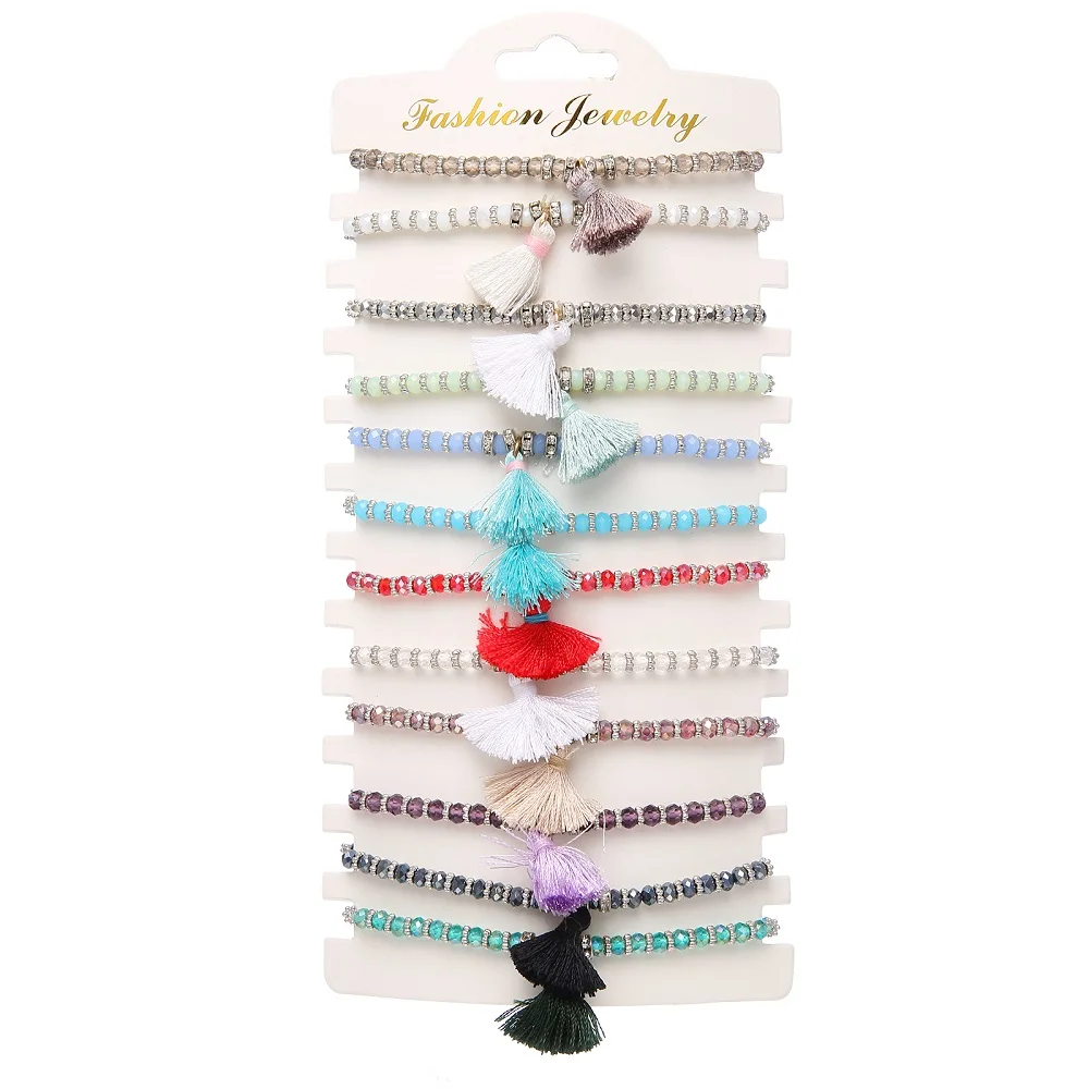 

12 Pcs/Sets Tassels Crystal Bracelets for Women Vintage Multilayer Cuff Bracelets Bangles Adjustable Bracelet Pulseras Mujer