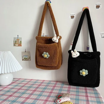 

Fashion Solid Plush Flower Shoulder Handbags Cute Women Rabbit Pendant Totes Satchel Pin Large Capacity Shopping Top-handle Bags