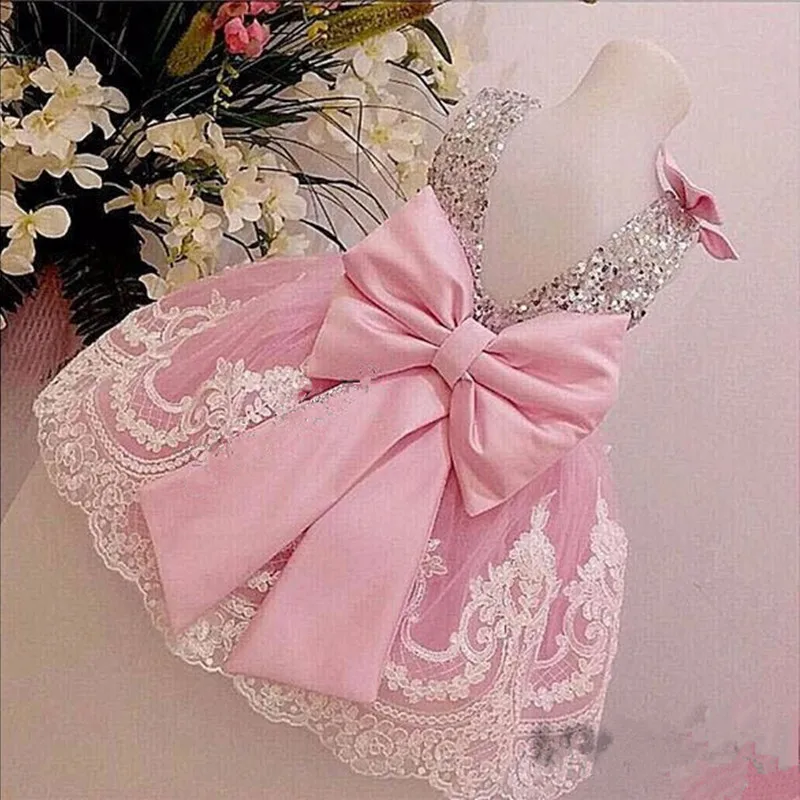 

Sliver Bling Sequin Pink White Lace Backless flower girl dresses with Bow baby Birthday Party Dress wedding occasion ball gowns