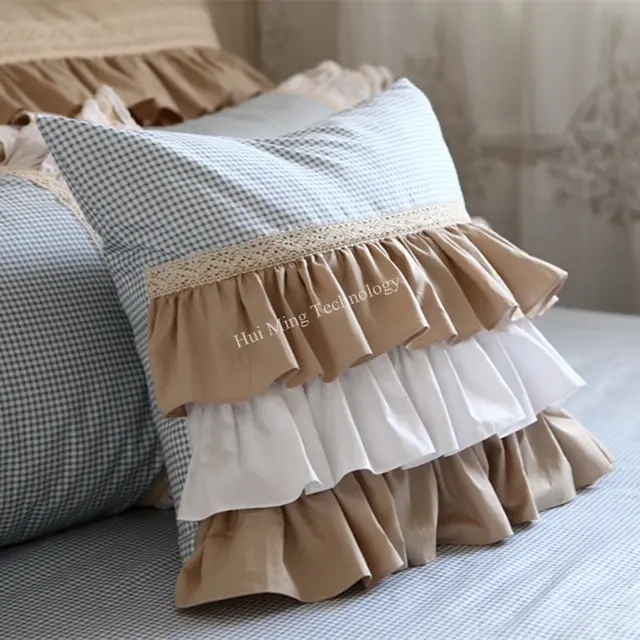 Embroidery Khaki Cushion Cover: Beautifully Crafted Ruffled White Lace and Romantic Flower Design