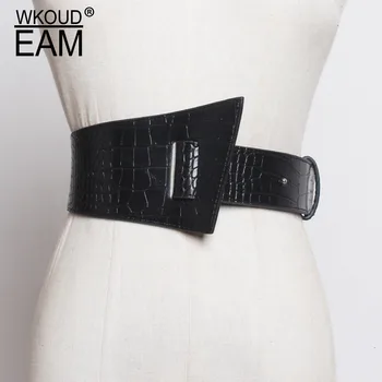 

WKOUD EAM 2020 Spring New Design Fashion Trendy Belt Women Solid Crocodile Casual Leather Asymmetric Wide Waistband Female ZJ999