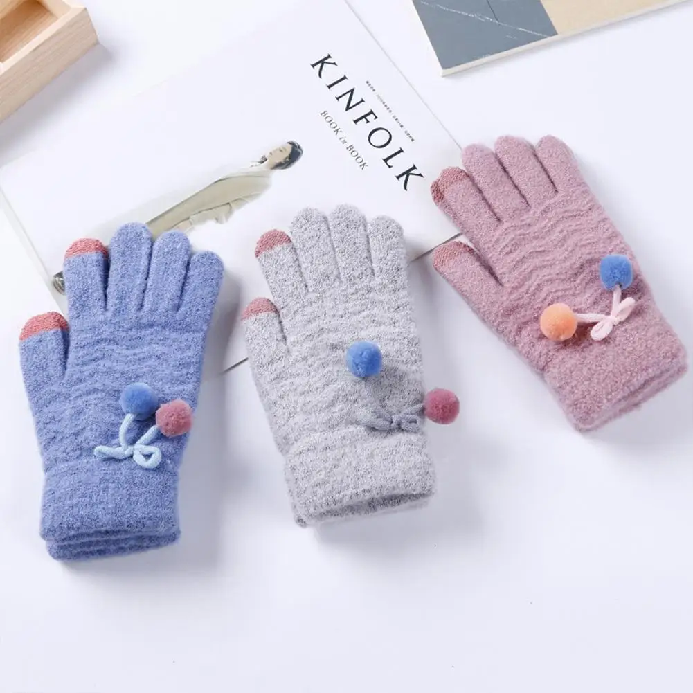 New Women Gloves Knit Gloves with Cute Plush Ball Warm Hands Keeper Lady Touch Screen Gloves Female For Winter