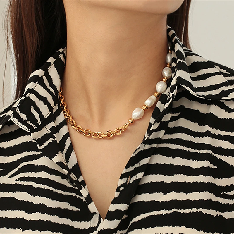 

Brass With 18K Gold Real Baroque Pearl Chains Choker Necklace Women Jewelry Runway Gown Hiphop Rare Glam Japan Korean Fashion