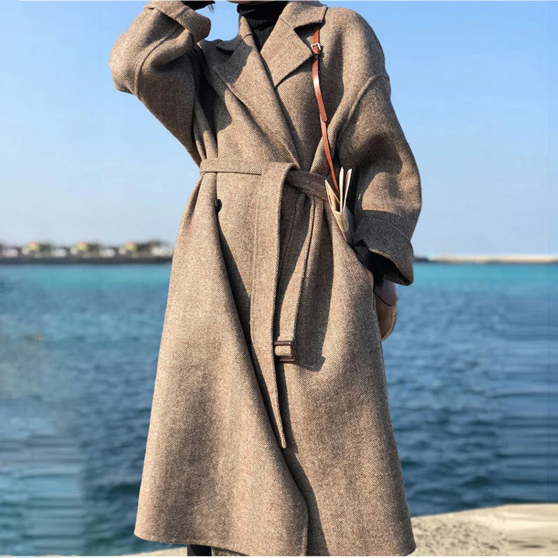 EWQ Осенняя новая Толстая теплая длинная кашемировая верхняя одежда винтажное клетчатое длинное шерстяное пальто с длинными рукавами QL287