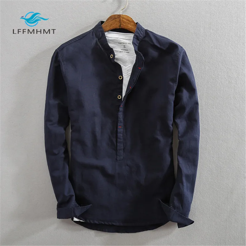 Koop Mannen Lente Herfst Mode Merk Japan Stijl Slim Fit Katoen Linnen Effen Kleur Stand Kraag Casual Lange Mouwen Truien