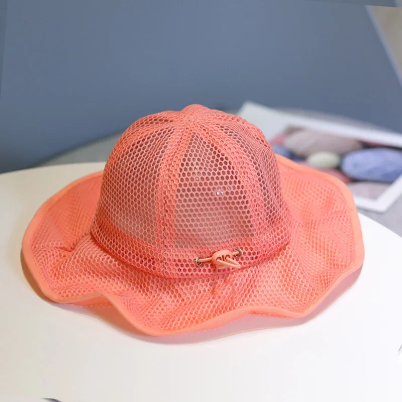 New Children Sunscreen With Net Bucket Hat Girl Solid Color Breathable Sun Hat Summer Boy Outdoor Adjustable Fisherman Hat shake baby's hand Baby Accessories