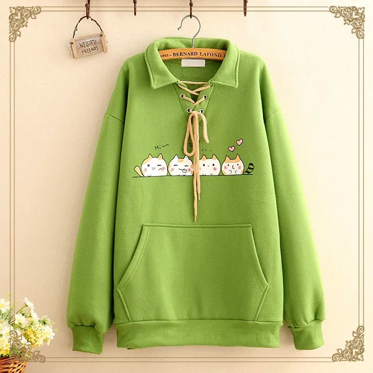 

Preppy style cats cartoon turn collar sweatshirt pullover